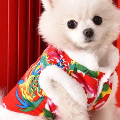 Pet Dog Cat Winter Warm Clothes Traditional Chinese Northeast Peony Floral Print Fleece Lined Thickened Vest Coat Pet Apparel