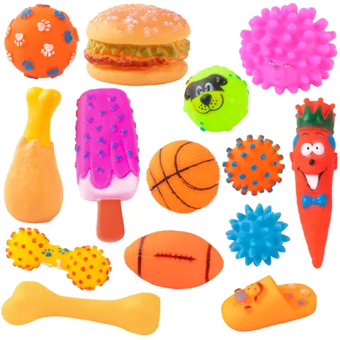 Giocattolo per Cani Squeaky in Gomma TPR Resistente per Cani di Piccola Taglia Gatti Giocattolo per la Pulizia dei Denti Molari a Forma di Osso Carota Hamburger