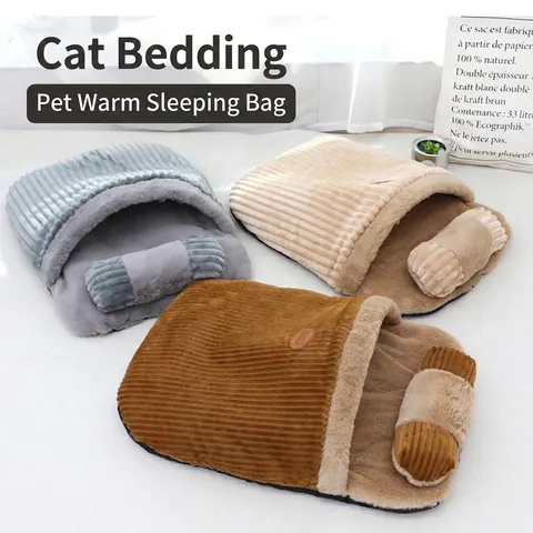 Winter Warm Pet Sleeping Bag Detachable Pillow Semi-Enclosed Corduroy Faux Fur Cat Bed Puppy Burrow Blanket For Dogs Cats