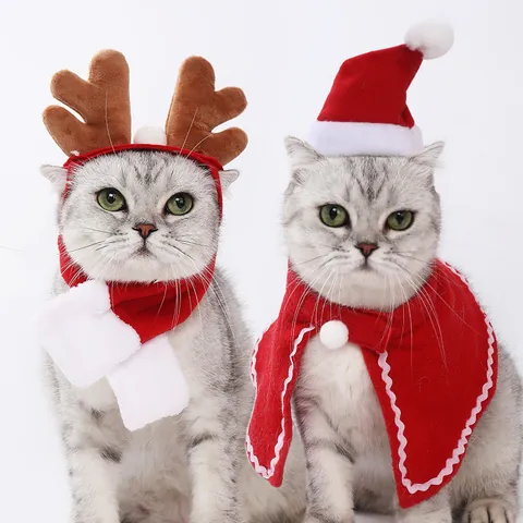 Costume di Natale per Animali Domestici Mantello Sciarpa Cappello di Babbo Natale per Cani Gatti Pile Rosso Bianco Festa Cosplay Cucciolo Gattino Accessorio