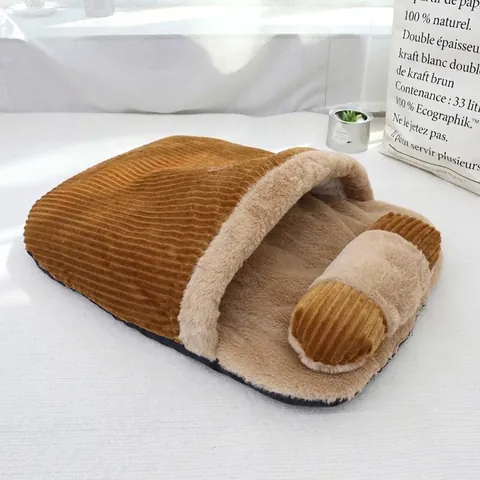 Winter Warm Pet Sleeping Bag Detachable Pillow Semi-Enclosed Corduroy Faux Fur Cat Bed Puppy Burrow Blanket For Dogs Cats