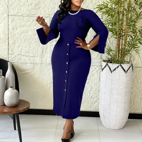 Elegant Plus Size Bodycon Midi Dress For Women Round Neck 3/4 Slit Bell Sleeves 3D Floral Decoration Office Work Party Dress