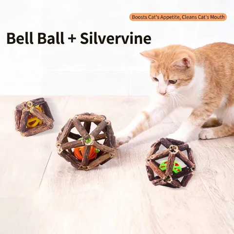 Natural Silvervine Cat Toy Ball With Internal Bell For Teeth Cleaning Molar Interactive Kitten Play Toy Pet Supplies Gift