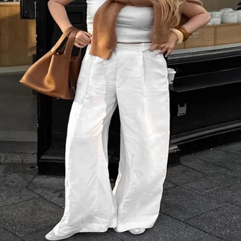 Women's High Waisted Cotton Linen Wide Leg Pants Casual Streetwear Solid Color White Loose Summer Trousers Bottoms
