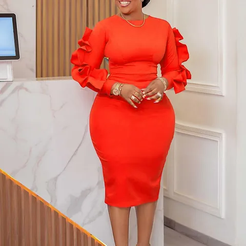 Women Plus Size Long Sleeve Midi Dress Elegant Ruffle Trim Sleeve Round Neck Slim Fit Bodycon Pencil Dress For Commute