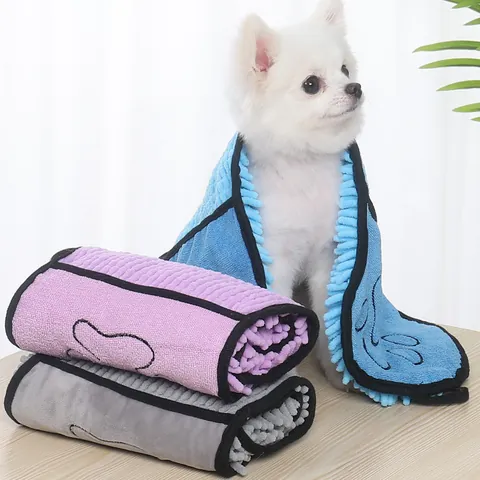 Toalla de Baño de Chenilla para Mascotas Muy Absorbente Secado Rápido Estilo Guante Microfibra con Huella Bordada para Perros Gatos