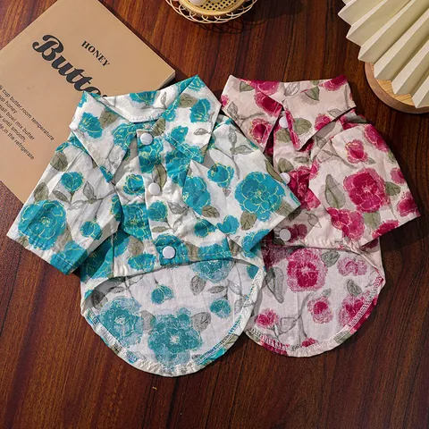 Camisa para Mascotas Estilo Coreano con Flores para Perros Pequeños y Gatos Blusa de Verano Transpirable Manga Corta