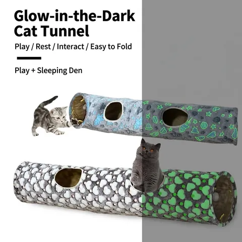Glow In The Dark Cat Tunnel Foldable Polyester Pet Play Tunnel Luminous Interactive Kitten Toy Space Moon Heart Pattern Indoor Cat Hideout