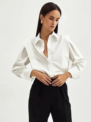 Women French Style Pure Cotton Blouse Elegant Solid Color Long Sleeve Loose Lapel Splicing Commuter Shirt Top