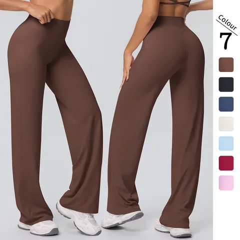 Women High Waisted Yoga Wide Leg Pants Double Sided Brushed Breathable Loose Flare Fitness Running Sport Trousers