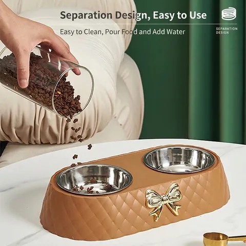 Nordic Luxury Pet Double Bowl With Gold Bow Tie Decoration Stainless Steel Detachable Food Water Feeder For Dogs And Cats
