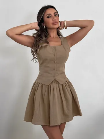 French Elegant Cotton Linen Vest And Skirt Top And Bottom Set Khaki Solid Color Sleeveless Button A-Line Skirt Women Wear