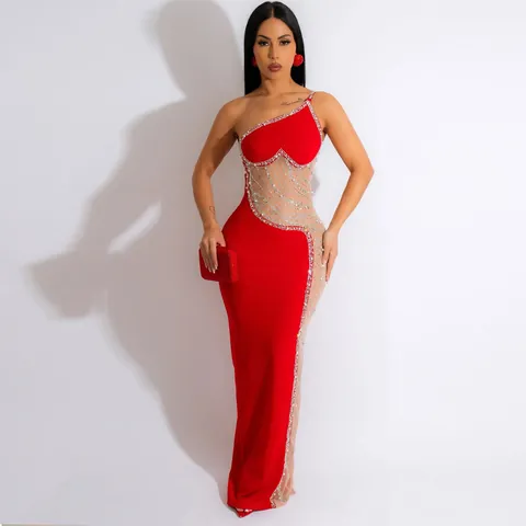 Robe Maxi Sexy Occidentale Une Épaule Patchwork en Maille Élégante Transparente Perles Strass Bodycon Soirée Fête Femme