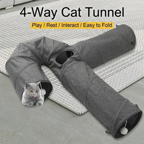 Tunnel Pieghevole per Gatti a 3 Vie e 4 Fori Tubo da Gioco con Pallina Appesa Tunnel in Tela Grigia Resistente per Gatti da Interno