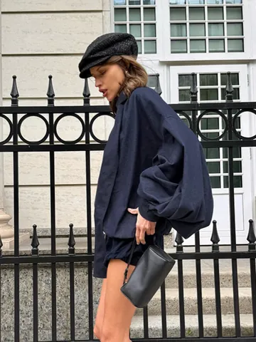 Women Blue Polyester Denim Set Long Sleeve Puff Sleeve Shirt And Shorts Solid Splicing Loose Casual Top And Bottom Suit