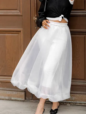 Falda Pomposa Blanca Corte A Estilo Francés para Mujer Falda de Malla Elegante Falda Tutú de Largo Medio para Mujer