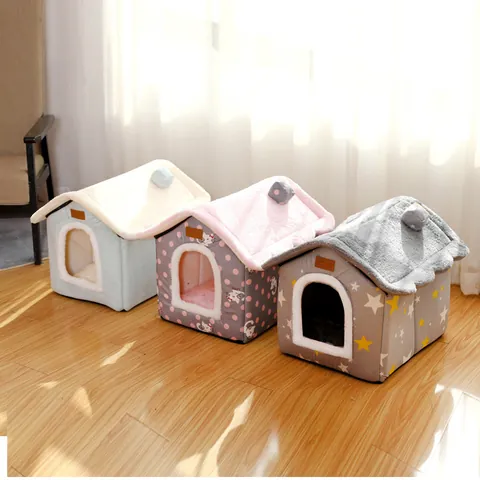 Warm House-Shaped Pet Bed For Cats And Dogs Removable Washable Winter Plush Indoor Cat Cave Kennel Star Pattern Pink Grey