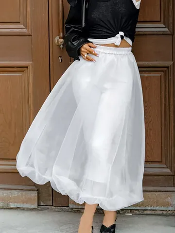 Falda Pomposa Blanca Corte A Estilo Francés para Mujer Falda de Malla Elegante Falda Tutú de Largo Medio para Mujer