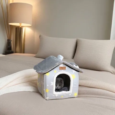 Warm House-Shaped Pet Bed For Cats And Dogs Removable Washable Winter Plush Indoor Cat Cave Kennel Star Pattern Pink Grey