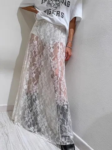 Gonna Maxi in Pizzo Elegante da Donna Trasparente Mesh Vita Alta a Linea A Gonna Lunga Estiva Streetwear