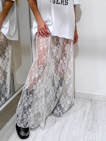 Gonna Maxi in Pizzo Elegante da Donna Trasparente Mesh Vita Alta a Linea A Gonna Lunga Estiva Streetwear