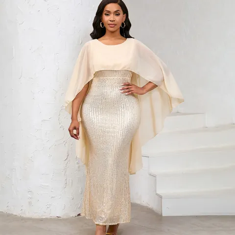 Elegant Sequined Bodycon Maxi Dress With Chiffon Cape Overlay Slim Fit Evening Party Banquet Formal Gown For Women