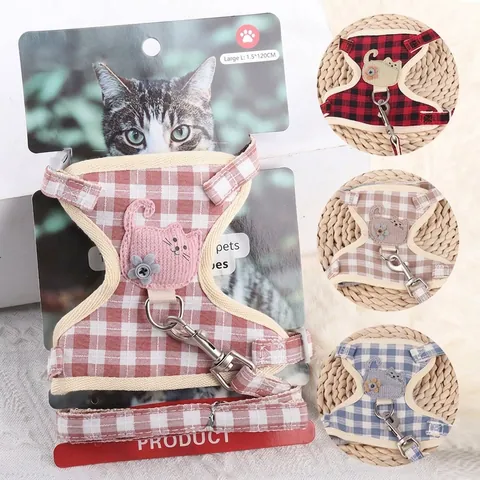 Cotton Plaid Cat Harness And Leash Set Adjustable Escape-Proof Breathable Vest Style Walking Lead For Kittens Small Pets