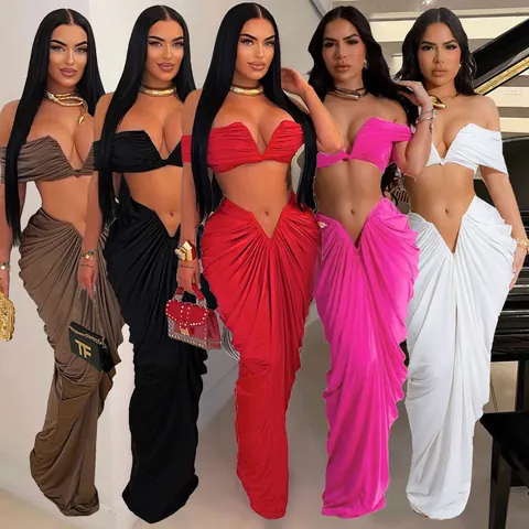 Women Sexy Bandeau Crop Top And Ruched Maxi Skirt Skirt Set Sheep Cashmere Ruched Floor-Length Party Two-Piece Outfits