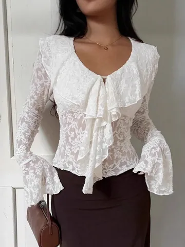 French Elegant White Lace Blouse For Women Ruffle V-Neck Long Sleeve Bell Sleeve Shirt Polyester Nylon Patchwork Commute Top