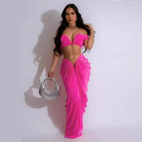 Women Sexy Bandeau Crop Top And Ruched Maxi Skirt Skirt Set Sheep Cashmere Ruched Floor-Length Party Two-Piece Outfits