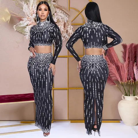 Top Corto a Maniche Lunghe a Collo Alto da Donna E Gonna Maxi Aderente con Spacco Completo Sopra E Sotto Abbigliamento da Festa con Stampa Strass