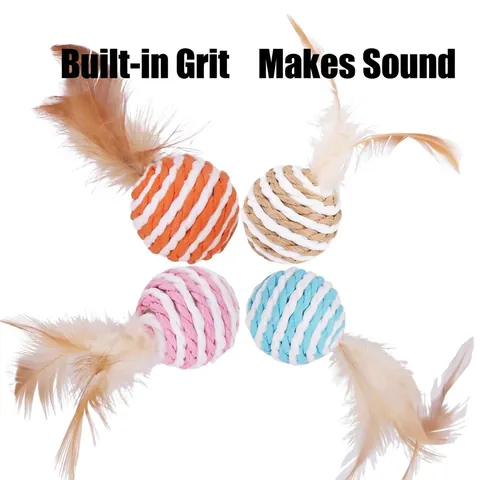 Interactive Cat Toy Feather Paper Rope Ball With Built-in Sound For Kitten Self-Play Teething Durable Pet Toy Multicolor