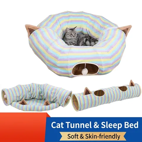 Tunnel per Gatti Pieghevole a Strisce Colorate Con Pallina Giocattolo e Orecchie di Gatto Nido da Gioco per Animali Domestici al Chiuso