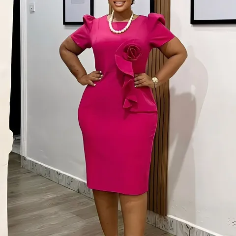 Women Elegant Bodycon Midi Dress With 3D Floral Ruffle Detail Short Puff Sleeve Round Neck Polyester African Fashion Party Dress