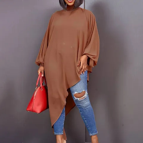 Women Plus Size Asymmetrical Chiffon Maxi Dress Loose Batwing Long Sleeve Mock Neck Elegant Casual Party Dress Long Top