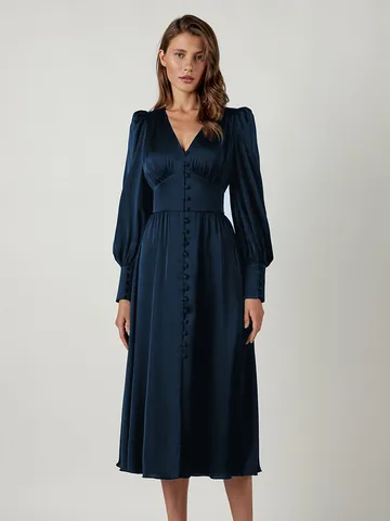 Elegante Satijn Franse Stijl Lantaarnmouwen Midi Jurk Voor Vrouwen V-Hals Single Breasted Hoge Taille A-Lijn Jurk