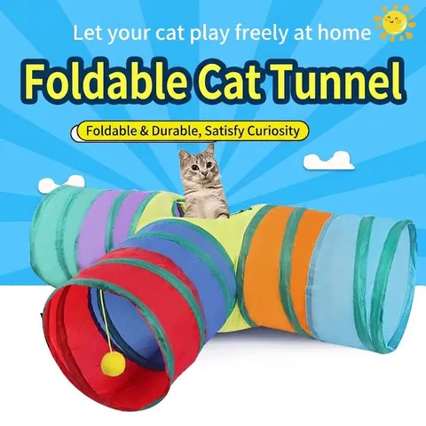 Tunnel per Gatti a 3 Vie Arcobaleno Pieghevole Tubo da Gioco in Poliestere Con Palla Appesa e Lucernario per Gatti Piccoli Animali