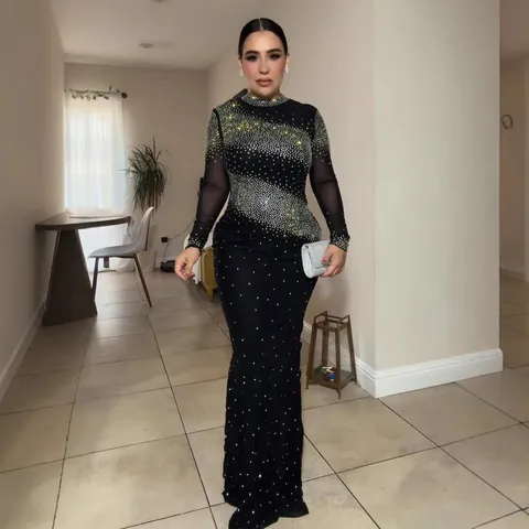 Vestido Ajustado Sexy de Estrás para Mujer Negro Malla Manga Larga Sin Espalda Vestido Largo de Fiesta Elegante de Poliéster