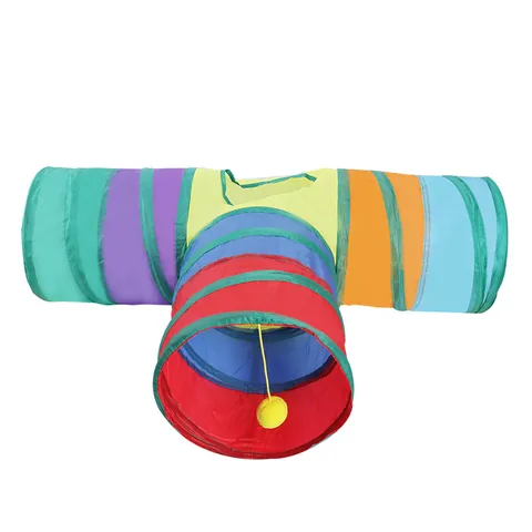 Tunnel per Gatti a 3 Vie Arcobaleno Pieghevole Tubo da Gioco in Poliestere Con Palla Appesa e Lucernario per Gatti Piccoli Animali