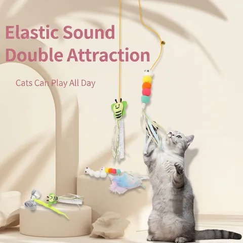 Door Hanging Cat Toy Elastic Retractable Feather Bell Interactive Pet Toy For Indoor Self-Play Boredom Relief Cat Teaser Wand With Suction Cup
