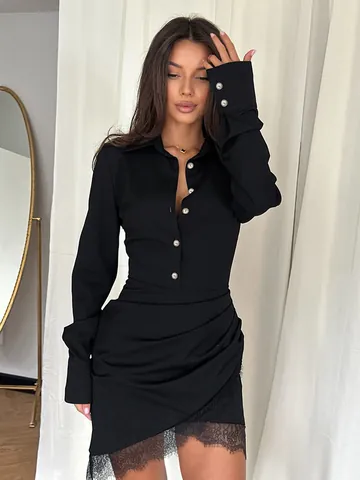 Women's Elegant Lapel Lace Mini Dress Slim Fit Long Sleeve Bodycon Dress With Artificial Pearl Buttons Sophisticated Black Dress