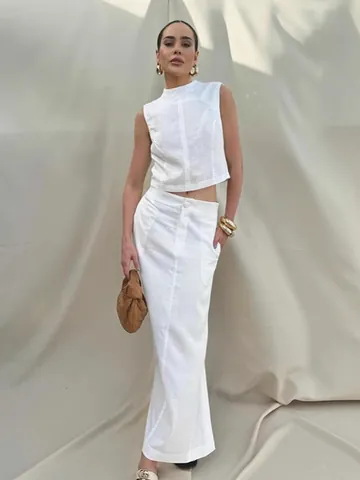 Women Casual White Two Piece Set Sleeveless Vest Top And High Waist Long Maxi Skirt Summer Cotton Minimalist Elegant Co-ord