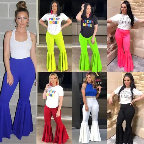 Women Sexy Slim Fit Ruffle Flare Pants High Waist Night Club Bell Bottom Trousers Solid Color Stretchy Long Bottoms