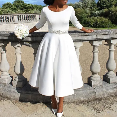 Women Elegant Big Swing Midi Dress Solid Color 3/4 Sleeve Evening Gown With Rhinestone Belt A-Line Formal Party Wedding Dress
