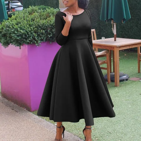 Women Elegant Big Swing Midi Dress Solid Color 3/4 Sleeve Evening Gown With Rhinestone Belt A-Line Formal Party Wedding Dress