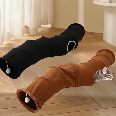 Foldable S-Shaped Cat Tunnel Toy Polyester Suede Fabric Interactive Kitten Tunnel With Plush Ball For Indoor Play Rest