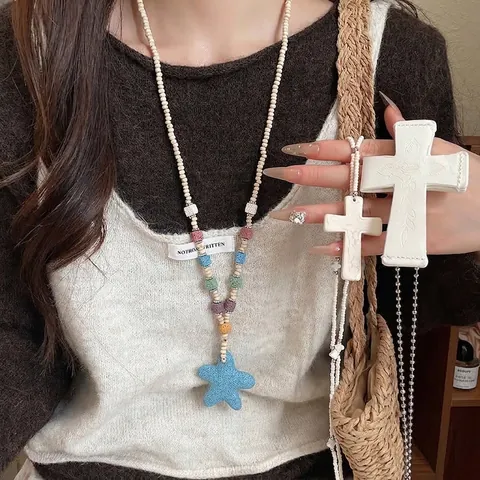 Bohemian Volcanic Stone Bead Cross Starfish Pendant Necklace Vintage Long Sweater Chain For Women Vacation Jewelry Gift