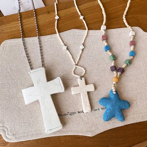 Bohemian Volcanic Stone Bead Cross Starfish Pendant Necklace Vintage Long Sweater Chain For Women Vacation Jewelry Gift