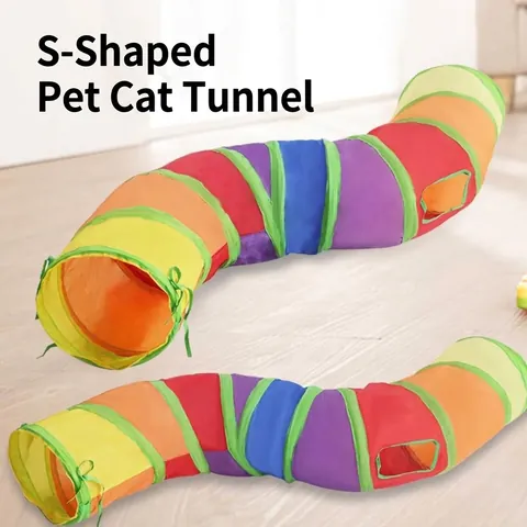 Rainbow S-Shaped Cat Tunnel Foldable Interactive Pet Toy With Four Openings Polyester Breathable Tube For Indoor Cats