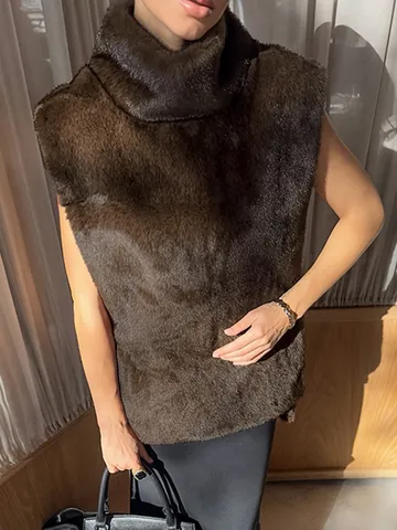 Women Faux Mink Fur Vest Winter Thick Warm Brown Plush Sleeveless Top Fashion High Neck Casual Outerwear